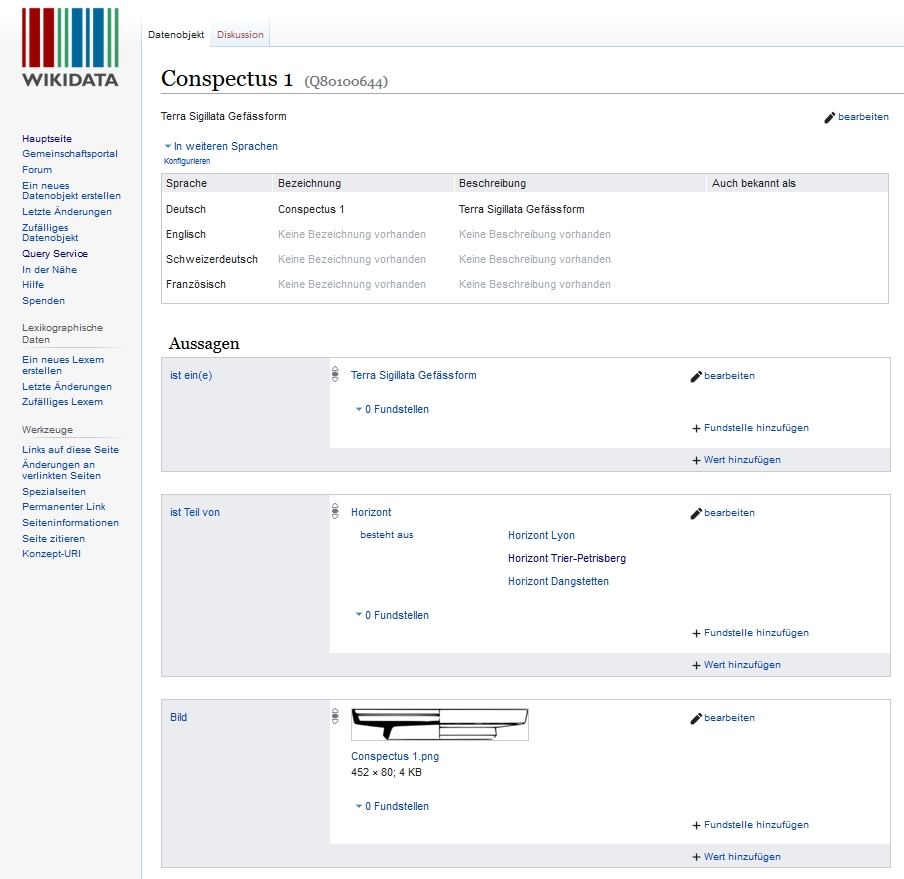 Selbsterstellter Wikidata Beitrag der Terra Sigillata Gefässform Conspectus 1 samt Einblick auf die Definitionen/Aussagen des Datenobjektes als Beispiel für eine Gefässform.
