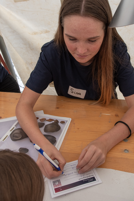 Studentin und Expertin, die einen Fundzettel ausfüllt.