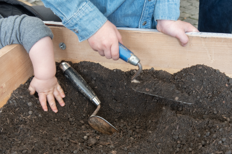 Baby- und Kinderhände, die ausgraben.